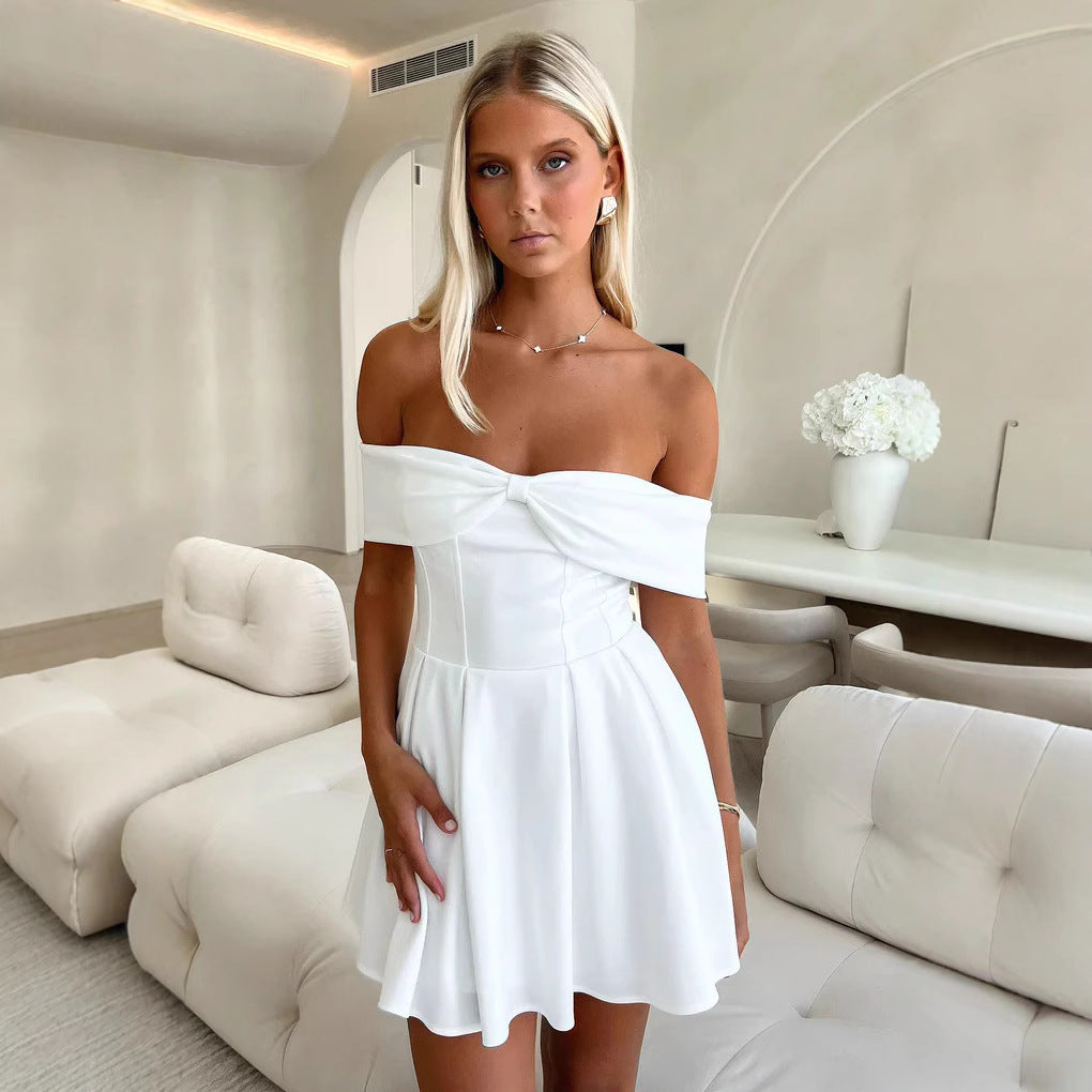 Damen Off-Shoulder Minikleid mit strukturiertem Oberteil und ausgestelltem Rock Drune