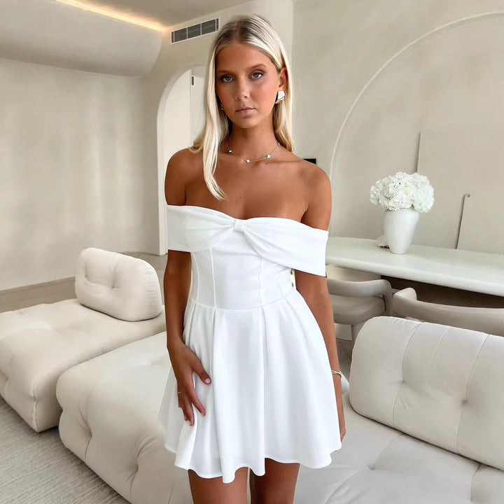 Damen Off-Shoulder Minikleid mit strukturiertem Oberteil und ausgestelltem Rock Drune