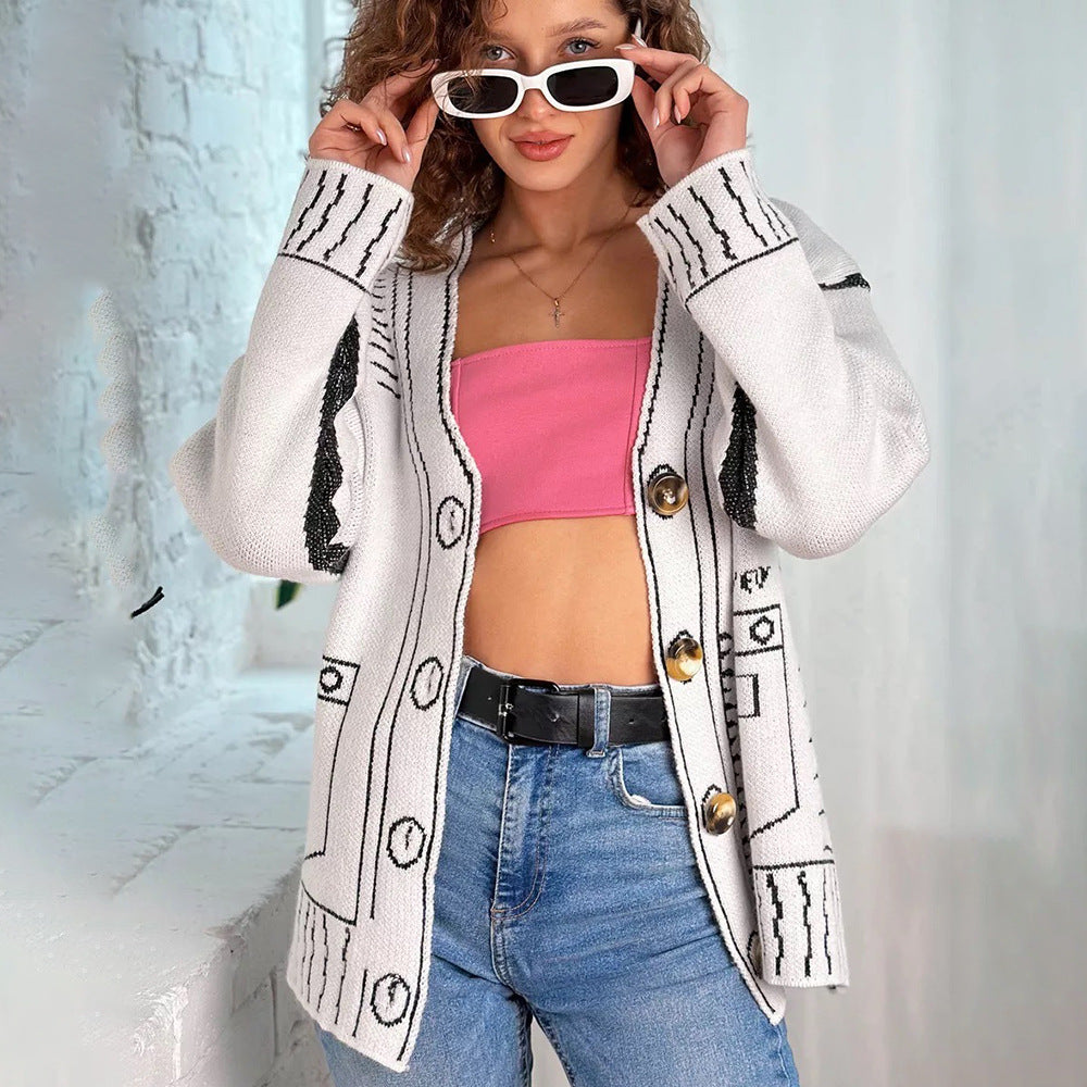 Damen lockerer Strickcardigan mit kunstvollem Design und großen Knöpfen Drune