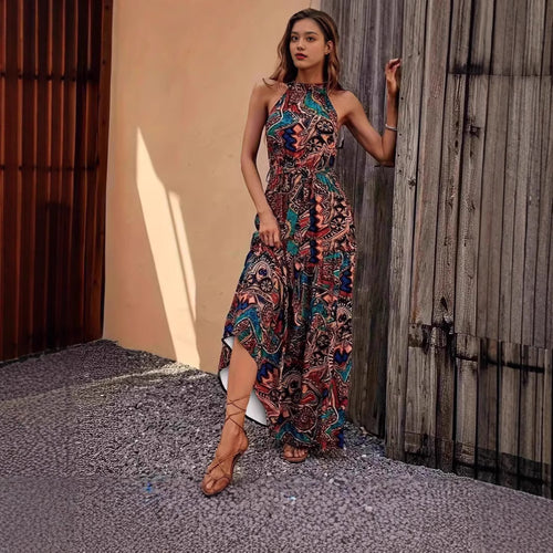 Damen Maxikleid im Boho-Stil mit elegantem Halterneck und seitlichem Bindegürtel Drune