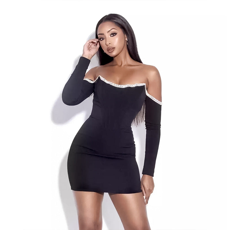 Damen Verführerisches Mini-Kleid mit schulterfreiem Design und dekorativem Strass Drune