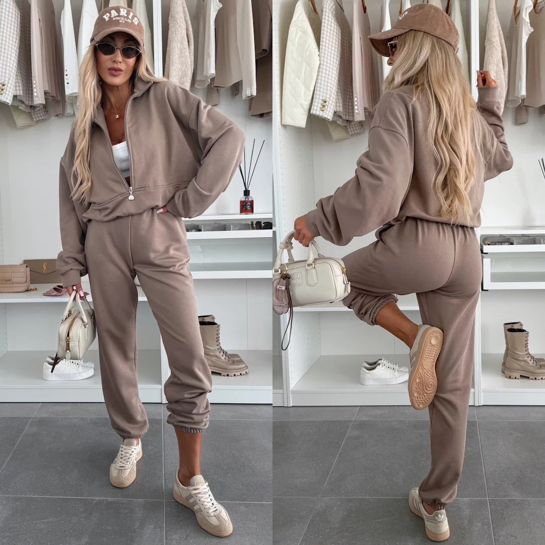Damen sportliches Loungewear-Set mit modernem Stehkragen und bequemen Reißverschluss hosen Drune