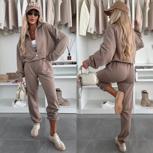 Damen sportliches Loungewear-Set mit modernem Stehkragen und bequemen Reißverschluss hosen Drune