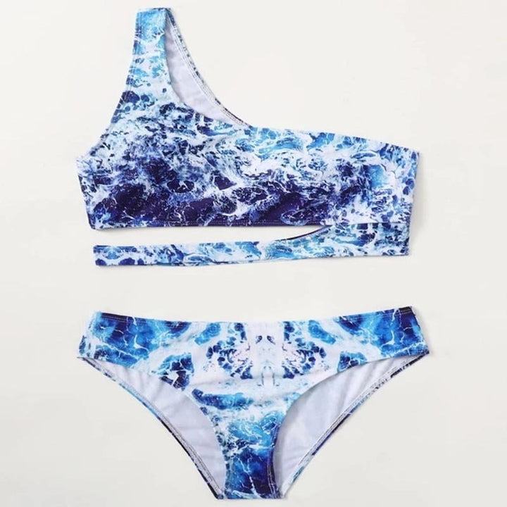 Damen Sport-Bikini mit asymmetrischem Schnitt und modischem Wasser-Motiv Drune