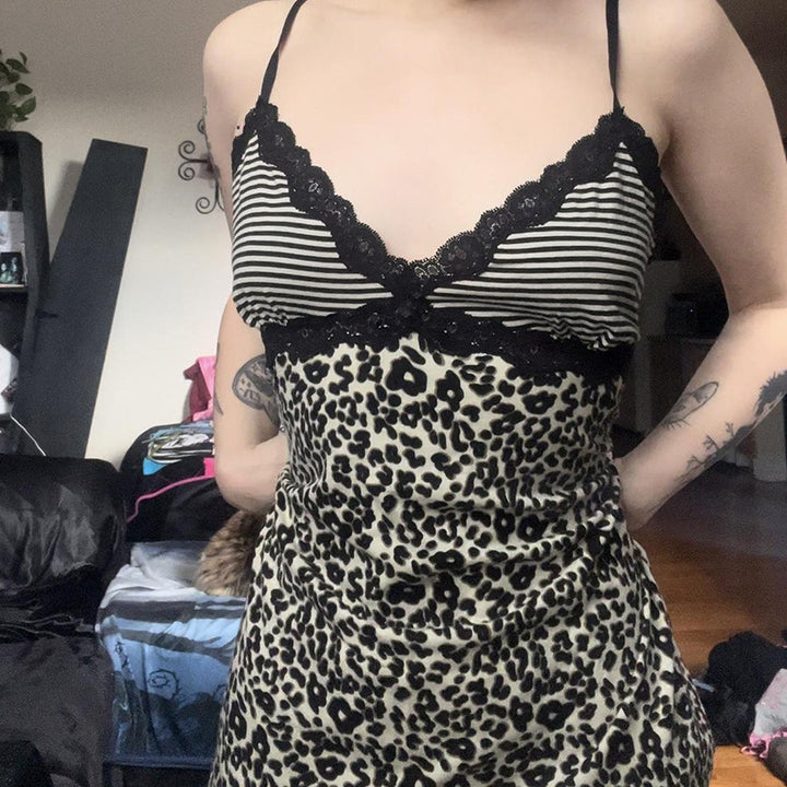 Damen Spaghetti-Trägertop mit elegantem Spitzenbesatz und modernem Leopardenmuster Drune
