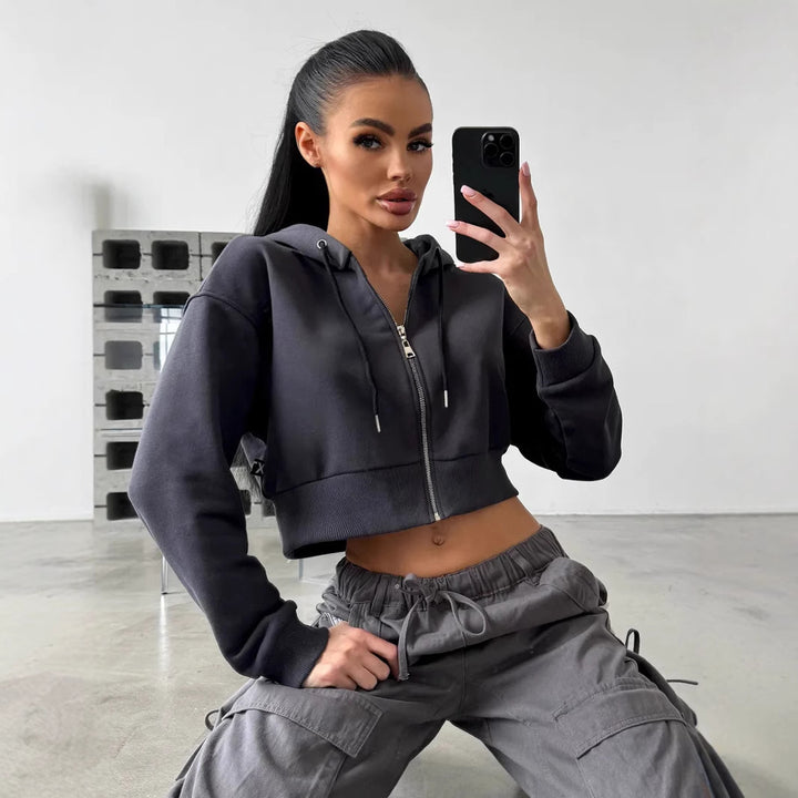 Damen Sportliches cropped Zip-Hoodie mit Kängurutasche und weiten Ärmeln Drune