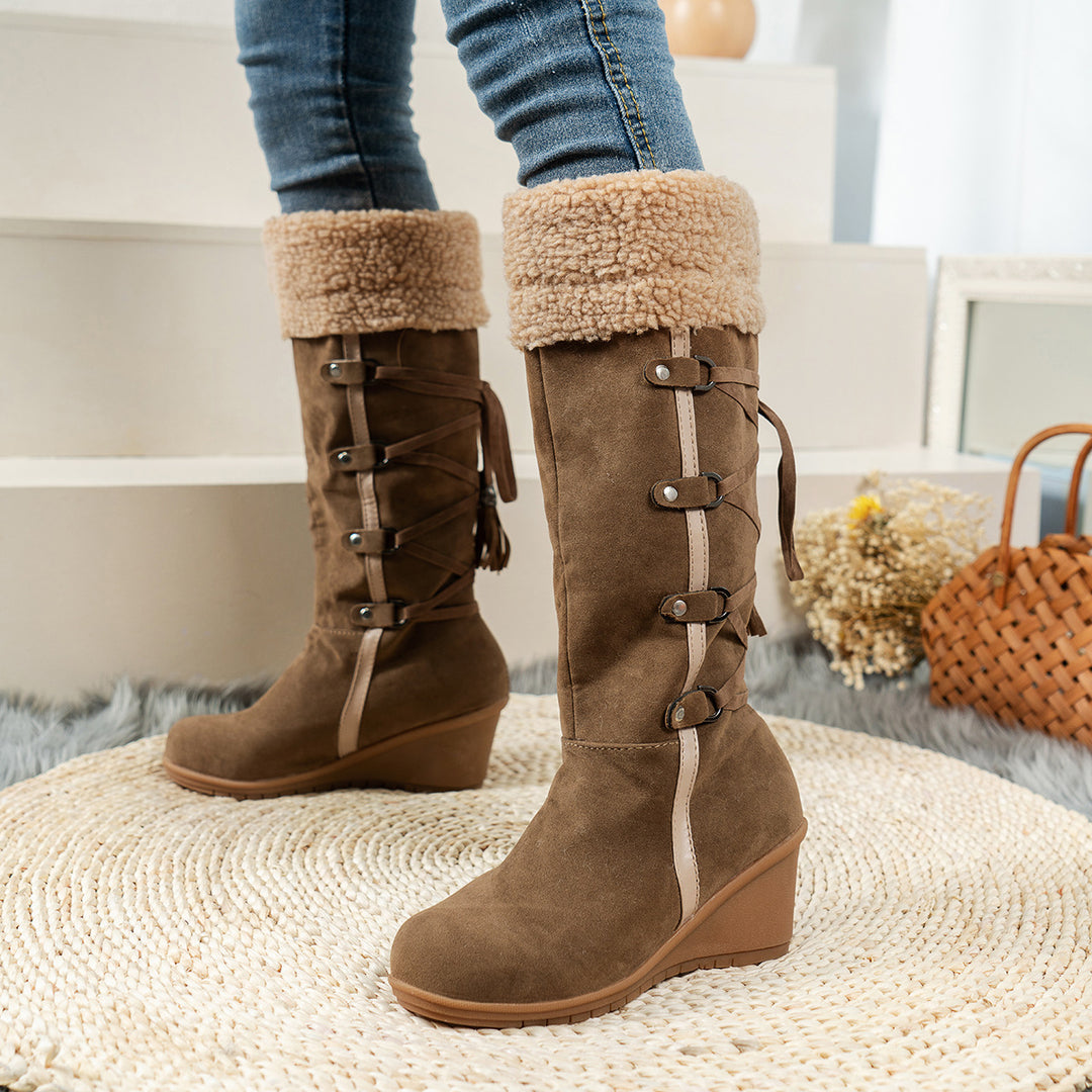 Damen Wedge-Stiefel aus hochwertigem Wildleder mit modischem Falten-Design Drune