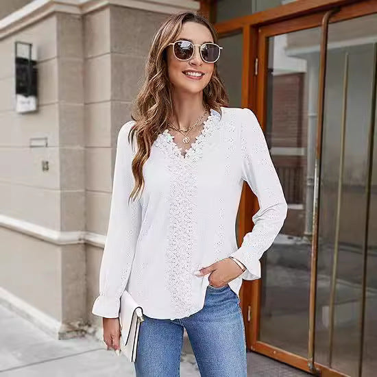 Damen elegante Bluse mit floralem Design und V-Ausschnitt Drune
