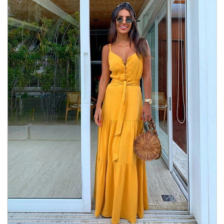 Damen Maxi-Kleid mit knöpfbarem Ausschnitt und Taillengürtel Drune