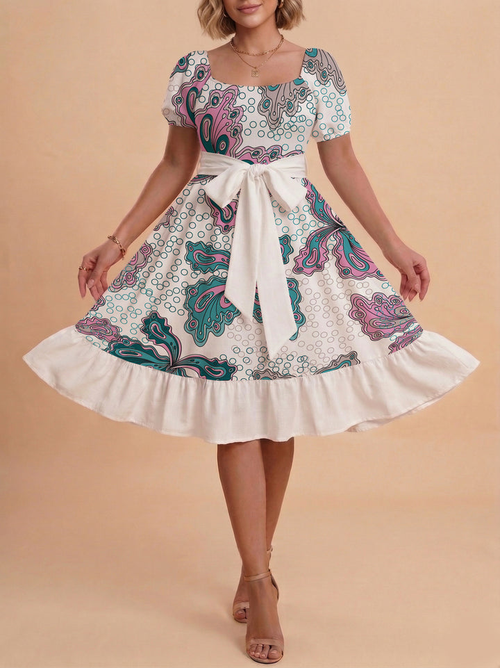 Damen modernes Blumenkleid mit elegantem Taillengürtel und asymmetrischem Saum Drune