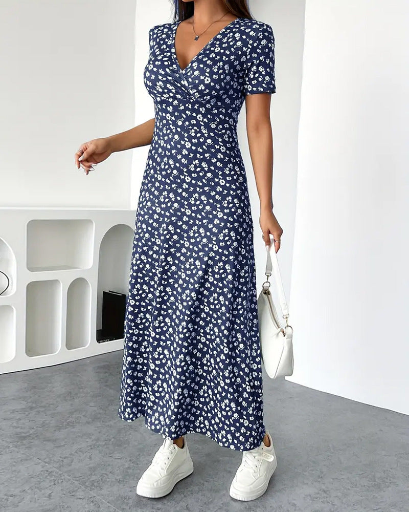 Damen nan tailliertes V-Ausschnitt Wickeloptik Maxikleid aus Viskosejersey mit kurzen Ärmeln und A-Linien-Saum Drune