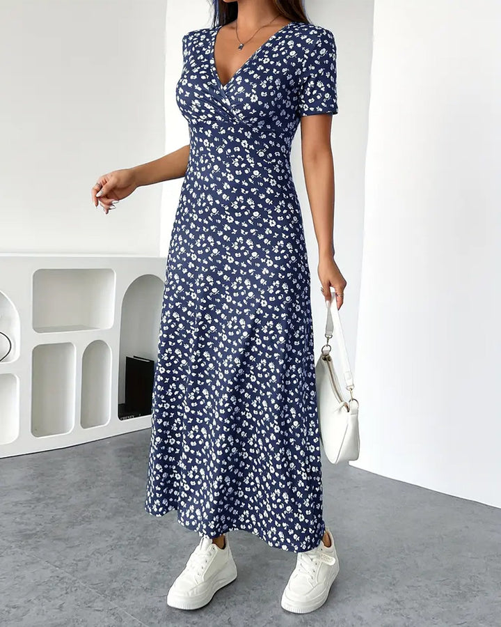 Damen nan tailliertes V-Ausschnitt Wickeloptik Maxikleid aus Viskosejersey mit kurzen Ärmeln und A-Linien-Saum Drune