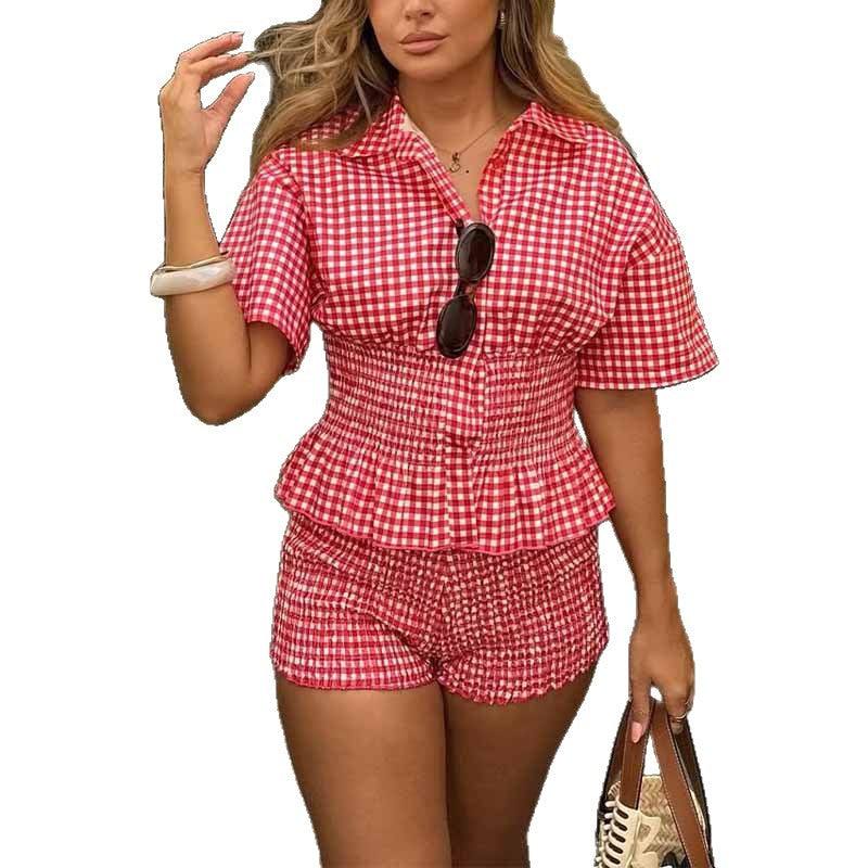 Damen Zweiteiliges Karomuster-Set mit taillierter Bluse und sportlichen Shorts Drune