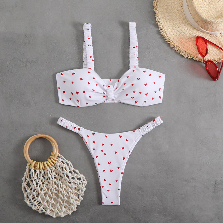 Damen Triangel-Bikini mit tropischem Druck und zarten Rüschen Drune