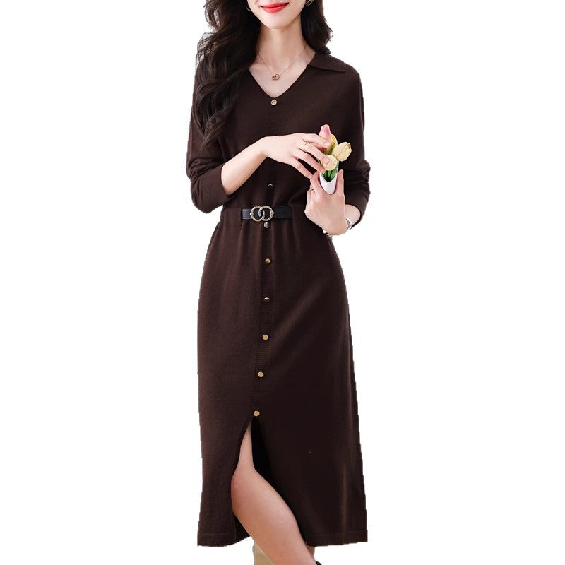 Damen Elegantes Hemdkleid mit Knopfverschluss und seitlichem Schlitz Drune