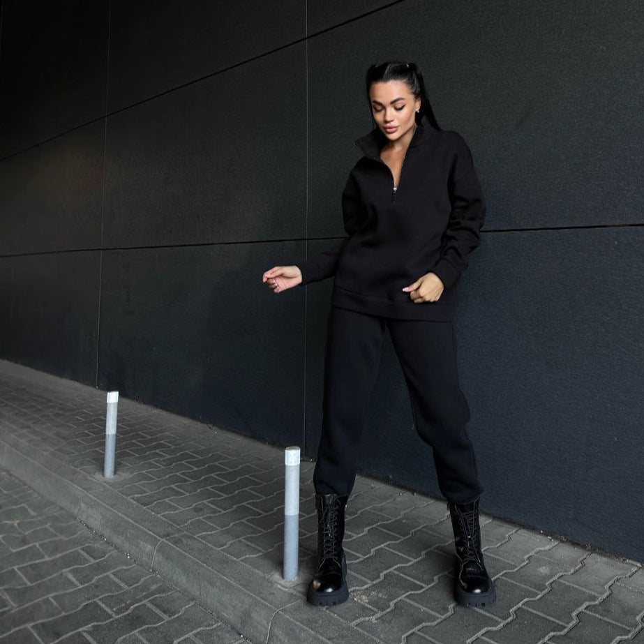 Damen sportliches Fleece-Set mit hohem Kragen und praktischen Reißverschlusselementen Drune