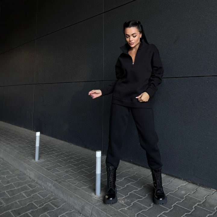 Damen modisches Fleece-Loungewear-Set mit Reißverschluss Drune
