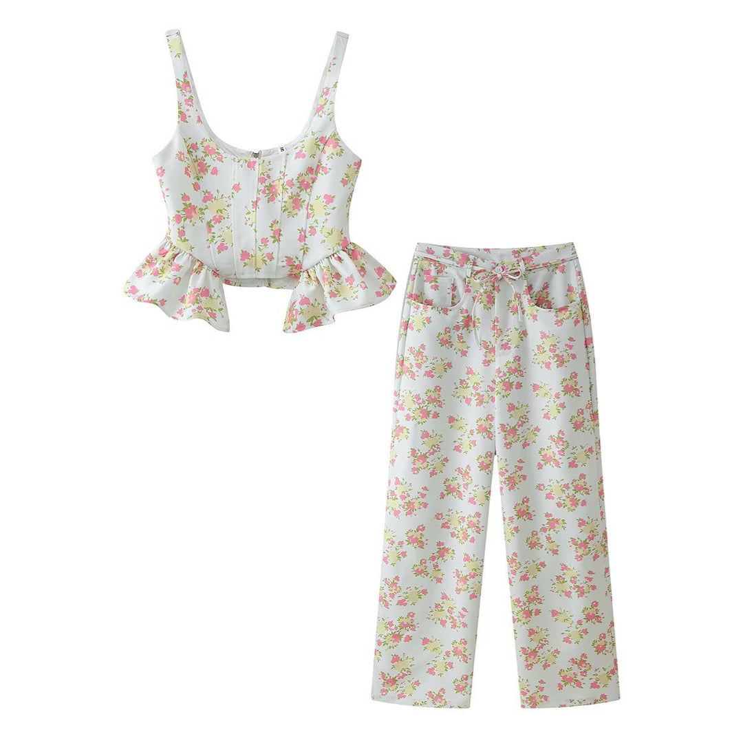 Damen Blumenmuster Crop-Top und Hose Set Drune