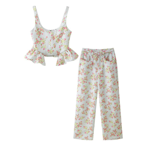 Damen Blumenmuster Crop-Top und Hose Set Drune