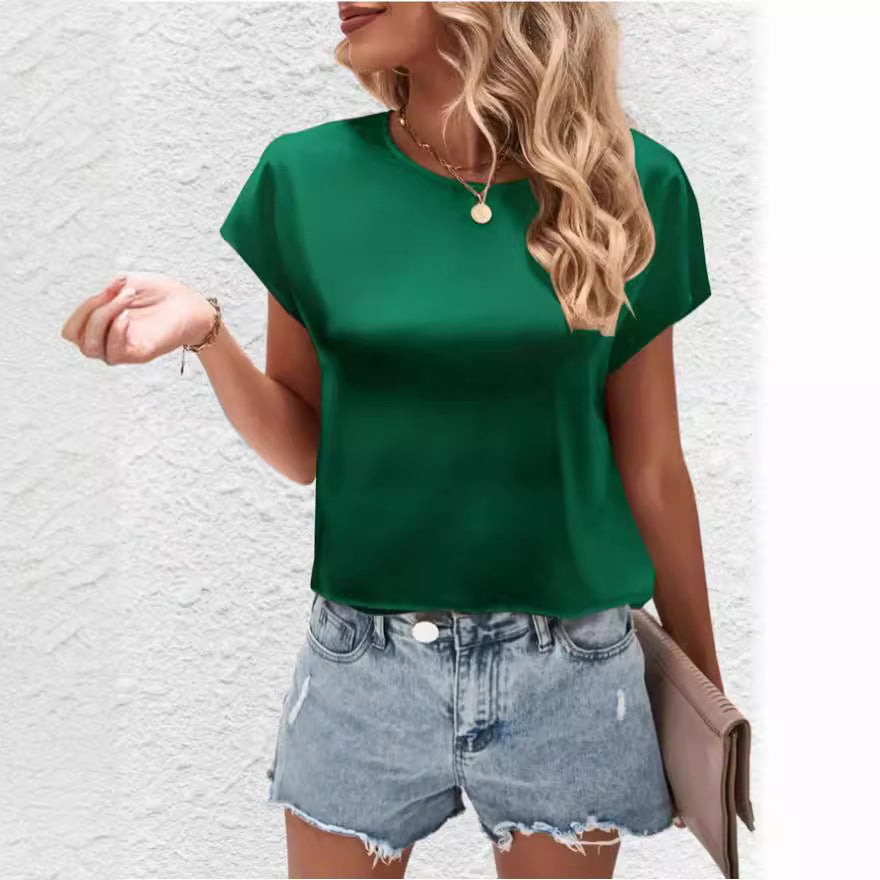 Damen Elegantes Satinoberteil mit lässigem Schnitt und kurzen Ärmeln Drune