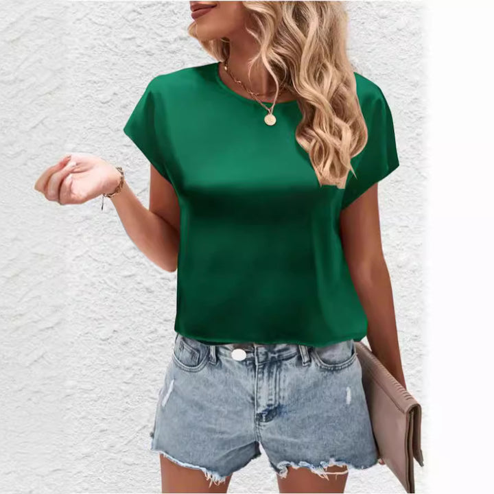 Damen Elegantes Satinoberteil mit lässigem Schnitt und kurzen Ärmeln Drune