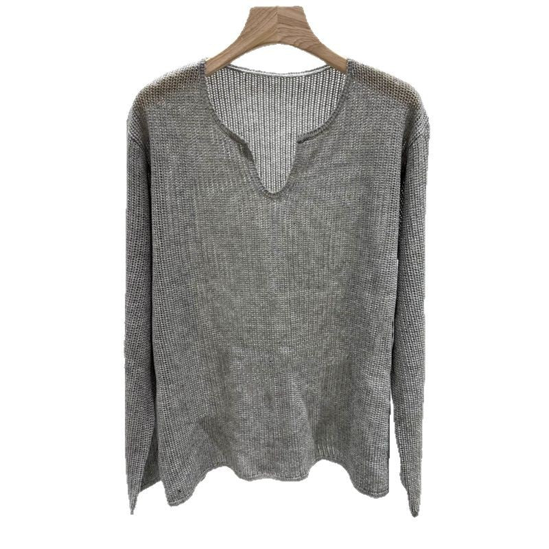 Damen luftiger Strickpullover mit V-Ausschnitt und lässigem Schnitt Drune