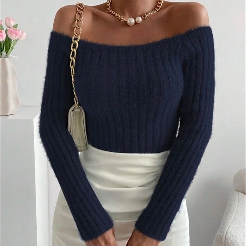 Damen Off-Shoulder Strickpullover mit feiner Rippstruktur und langen Ärmeln Drune