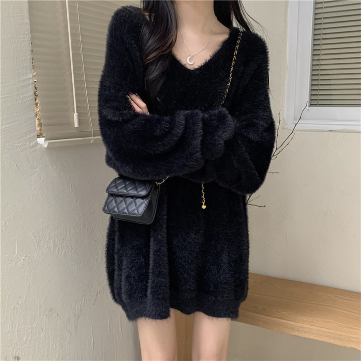 Damen flauschiges V-Ausschnitt Kleid mit langen Ärmeln Drune