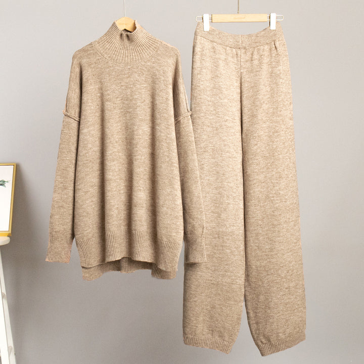 Damen Lässiger Strickanzug mit hohem Kragen und weitem Bein Drune