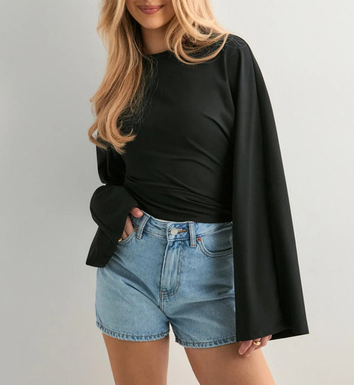 Damen cropped Langarmshirt mit weit ausgestellten Ärmeln Drune