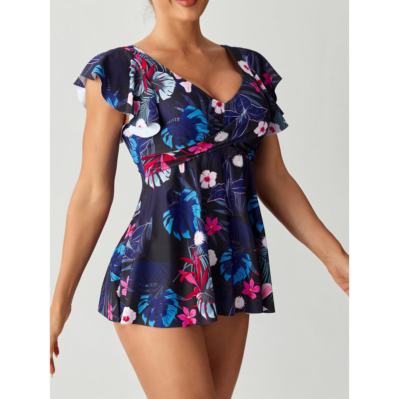 Damen Einteiler Badeanzug mit femininer Raffung und floralem Design Drune