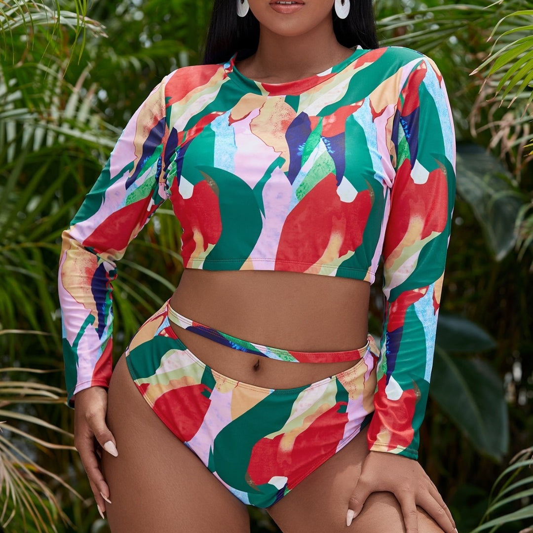 Damen Sportliches Langarm Bikini-Set mit kreativem Mustermix Drune
