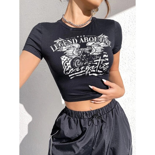 Damen Crop-T-Shirt mit kreativem Schriftzug Drune