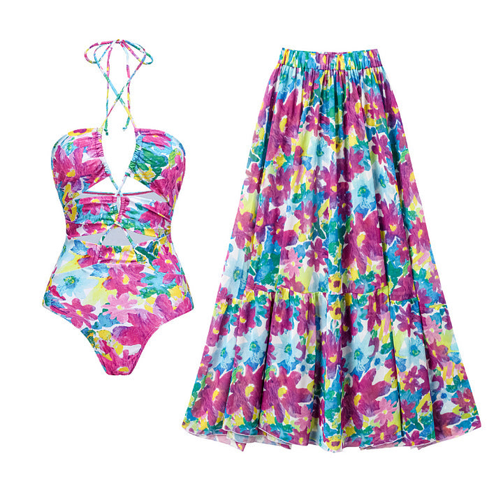 Damen Bikiniset mit voluminösen Rüschendetails und fließendem Maxi-Rock Drune