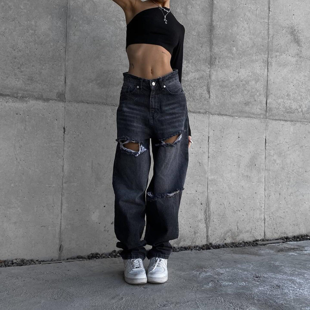 Damen Marlene-Jeans mit asymmetrischem Schnitt und Destroyed-Details Drune