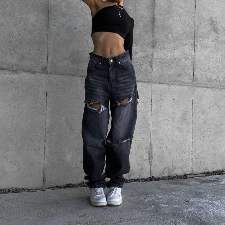 Damen Marlene-Jeans mit asymmetrischem Schnitt und Destroyed-Details Drune