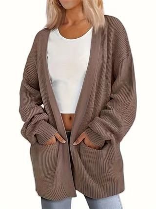 Damen lässige Strickjacke mit weiten Ärmeln und tiefem V-Ausschnitt Drune