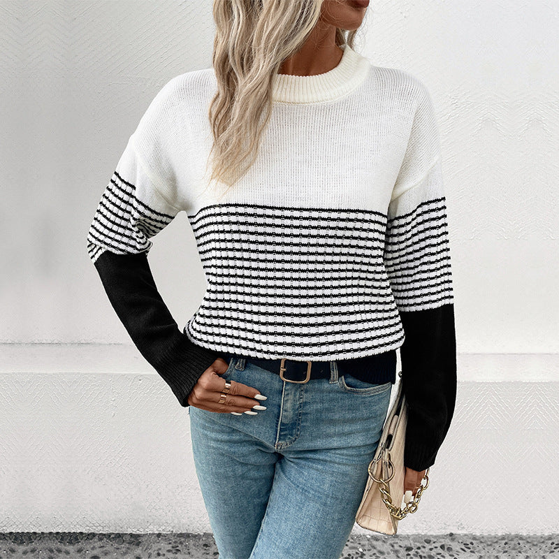 Damen lässiger Strickpullover mit gestreiften Details und weitem Schnitt Drune