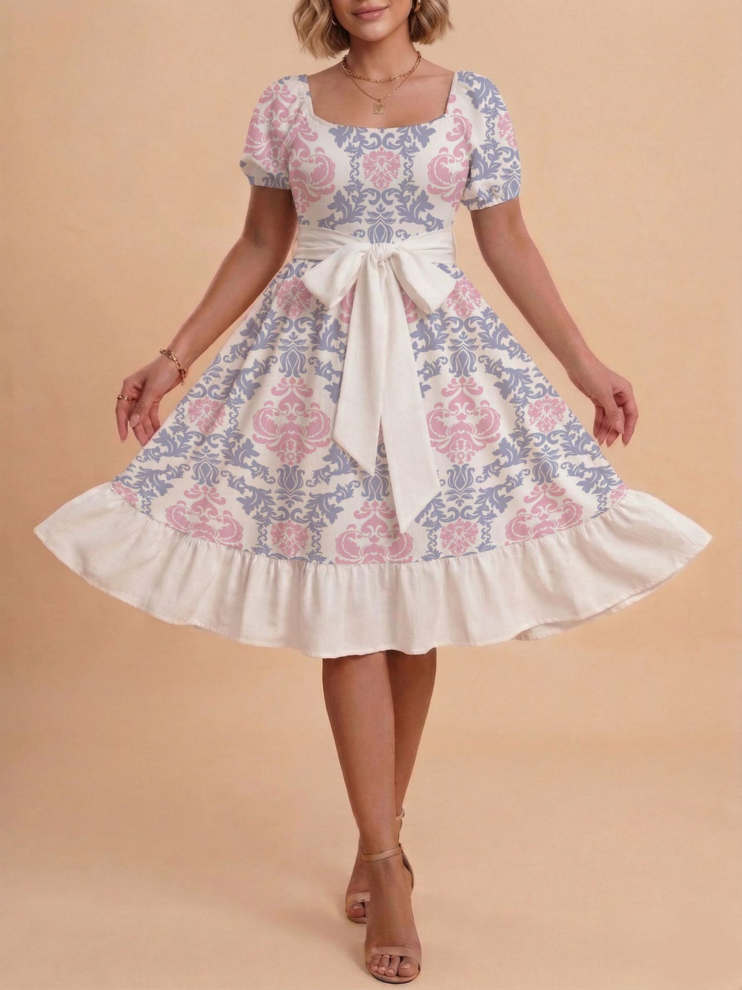 Damen Retro Maxikleid mit Puffärmeln und Taillengürtel Drune