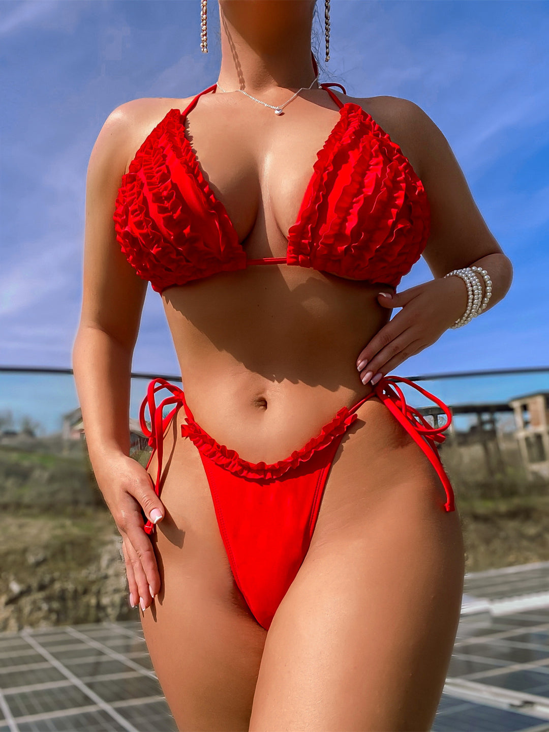 Damen Triangel-Bikini mit Rüschendesign und verstellbaren Bindebändern Drune