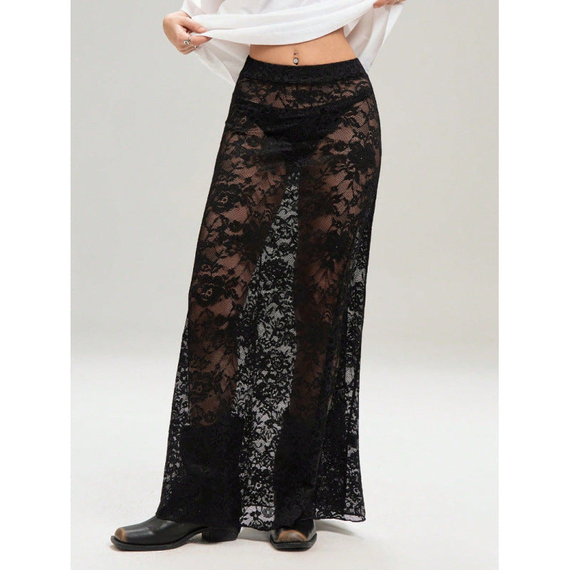 Damen Elegante Spitzenmaxi-Rock mit durchscheinendem Design und seitlichem Schlitz Drune