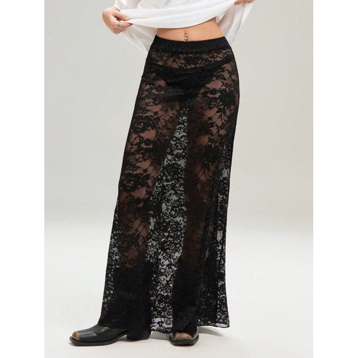 Damen Elegante Spitzenmaxi-Rock mit durchscheinendem Design und seitlichem Schlitz Drune