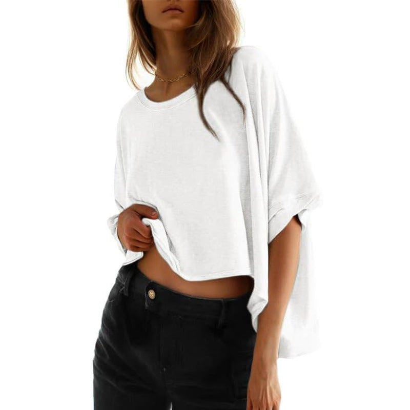 Damen lässiges cropped Oberteil mit weiten Ärmeln und Rundhalsausschnitt Drune