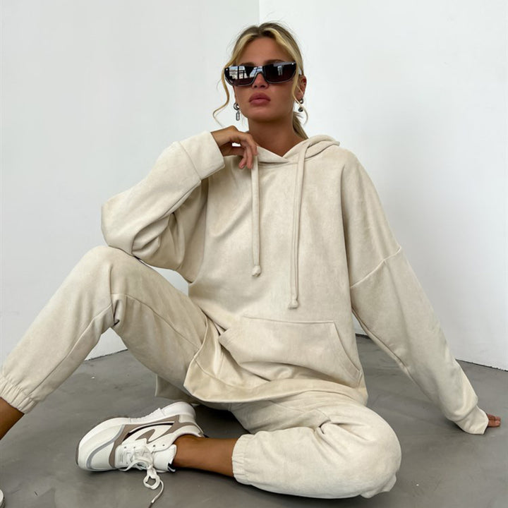 Damen kuscheliges Fleece-Loungewear-Set mit Kapuze und elastischem Bund Drune