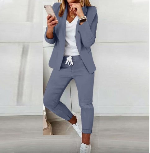 Damen nan lässiges Hosenanzug-Set mit Joggerhose, Kordelzug und tailliertem Blazer Drune