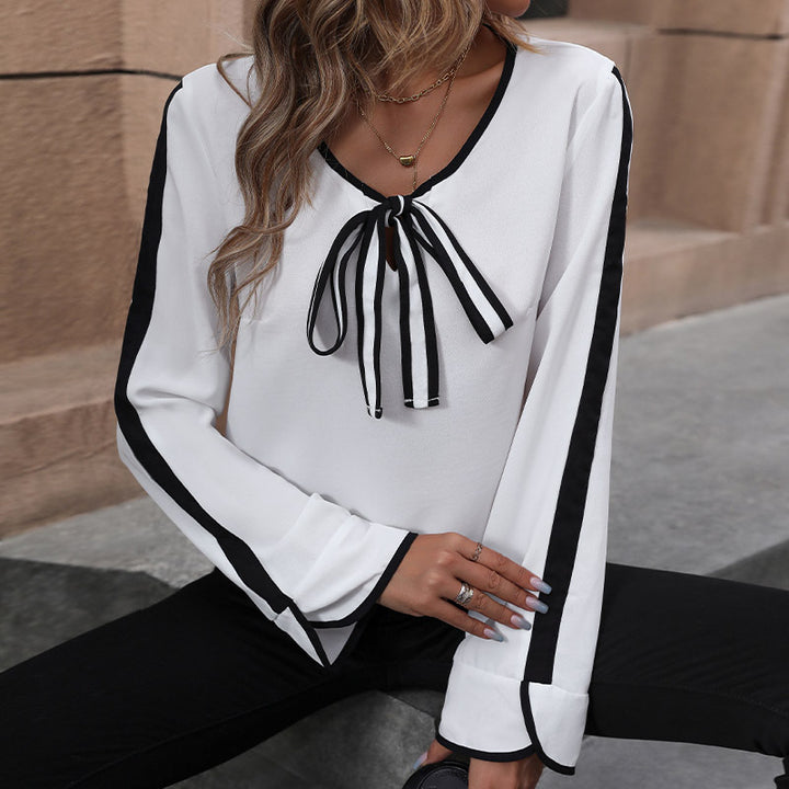 Damen elegante Bluse mit Bindegürtel und gestreiften Ärmeln Drune
