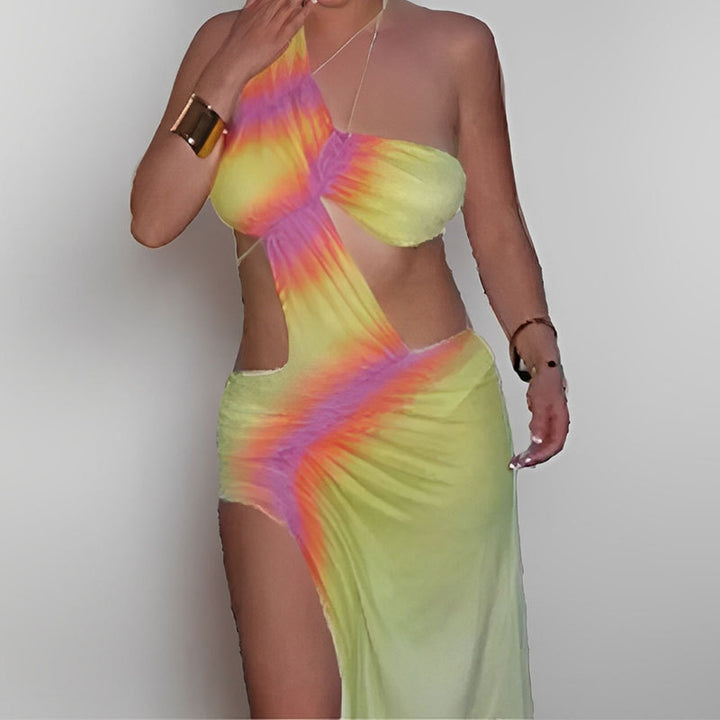 Damen Strandkleid mit asymmetrischem Schnitt und farbenfrohem Batik-Design Drune