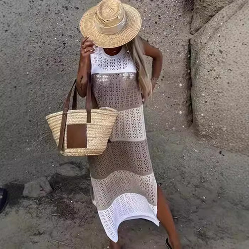 Damen Lässiges Strickkleid mit raffiniertem Lochmuster und seitlichen Schlitzen Drune