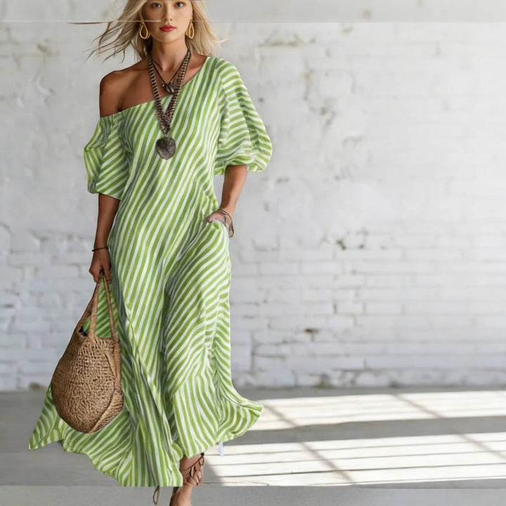 Damen Maxikleid mit asymmetrischem Schnitt und auffälligen Streifen Drune
