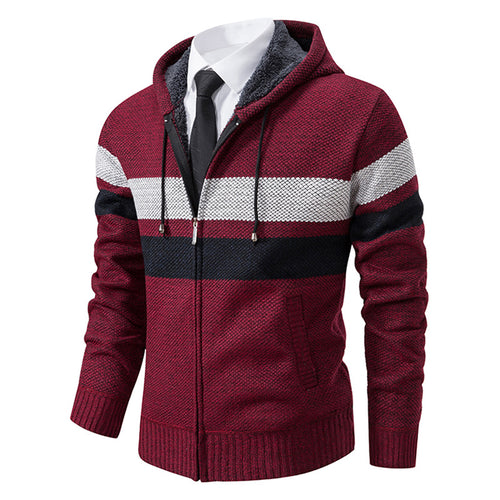 Herren nan gefütterte Kapuzen-Strickjacke mit Teddyfutter, durchgehendem Reißverschluss und kontrastierenden Streifen Drune